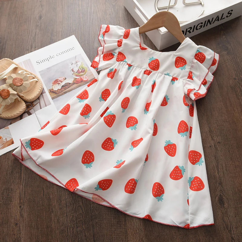 

Girls Casual Summer Dresses 2021 New Fashion Baby Girl Ruffles Costumes Kids Sweet Stawberry Print Vestidos Fancy Suits