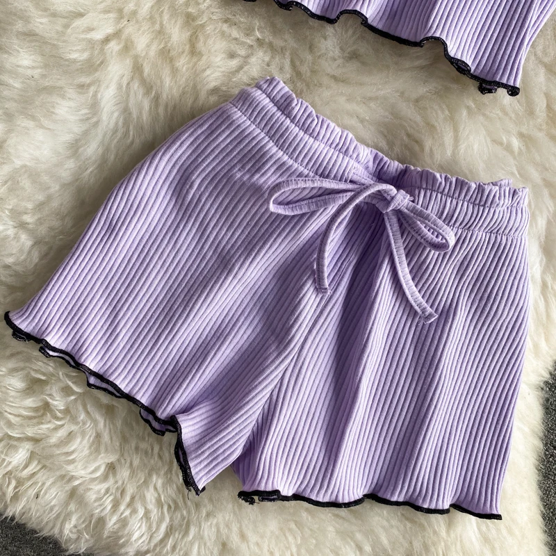 

Sleeveless Bow Tie Suspender Short Vest Top + High Waist Drawstring Ear Edge Shorts Pants Casual Two Piece Summer Set Women 2021