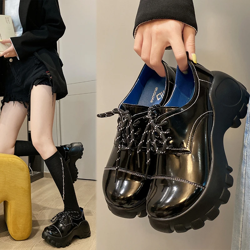

Женские кожаные туфли в стиле панк, черные повседневные туфли с круглым носком 2021 см и перекрестной шнуровкой, весна-осень 6,5