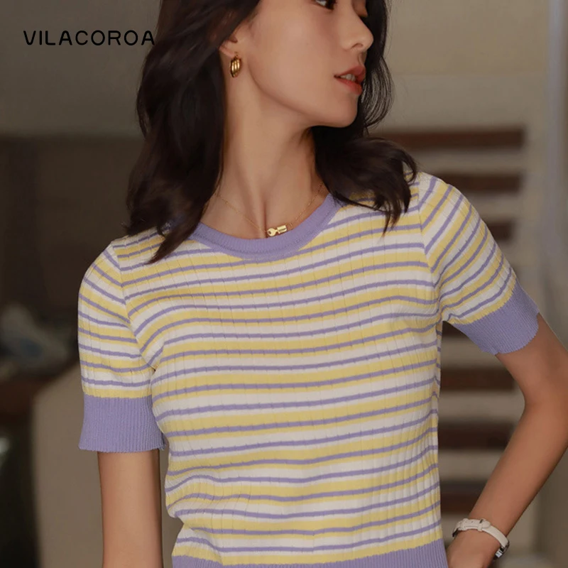 

2021 Cropped Tops Knitting Tshirts Summer Tops Women Striped Pullover Women's Clothing Slim Basic Short Sleeve Blouse Ladies