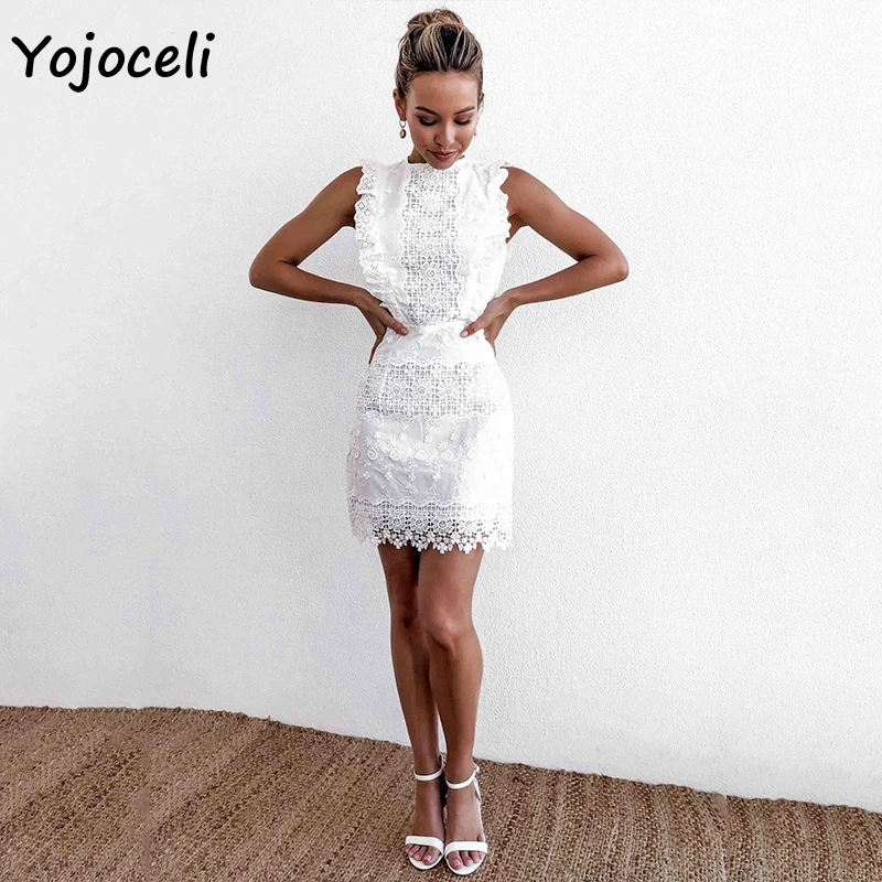 Женское кружевное мини-платье Yojoceli белое вечернее платье с вышивкой и бантом