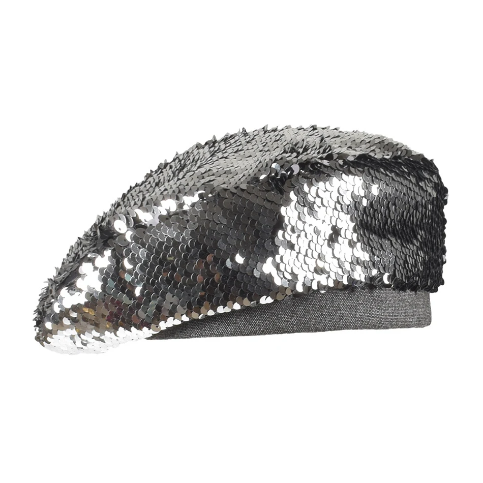 silver berets SHOWERSMILE женские шапки-береты с блестками, серебряная британская французская шляпа берет, элегантные вечерние женские осенние шапки на плоской подошве, женские шапки - Цвет: silver berets