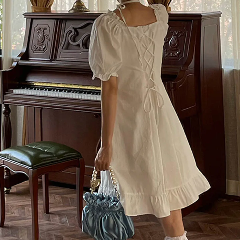 

2021 Japanese Kawaii Puff Short Sleeve Summer Women Dress Korean Fairy Square Collar Bow Tie Waist Puff Sleeve Ruffle Mini Dress