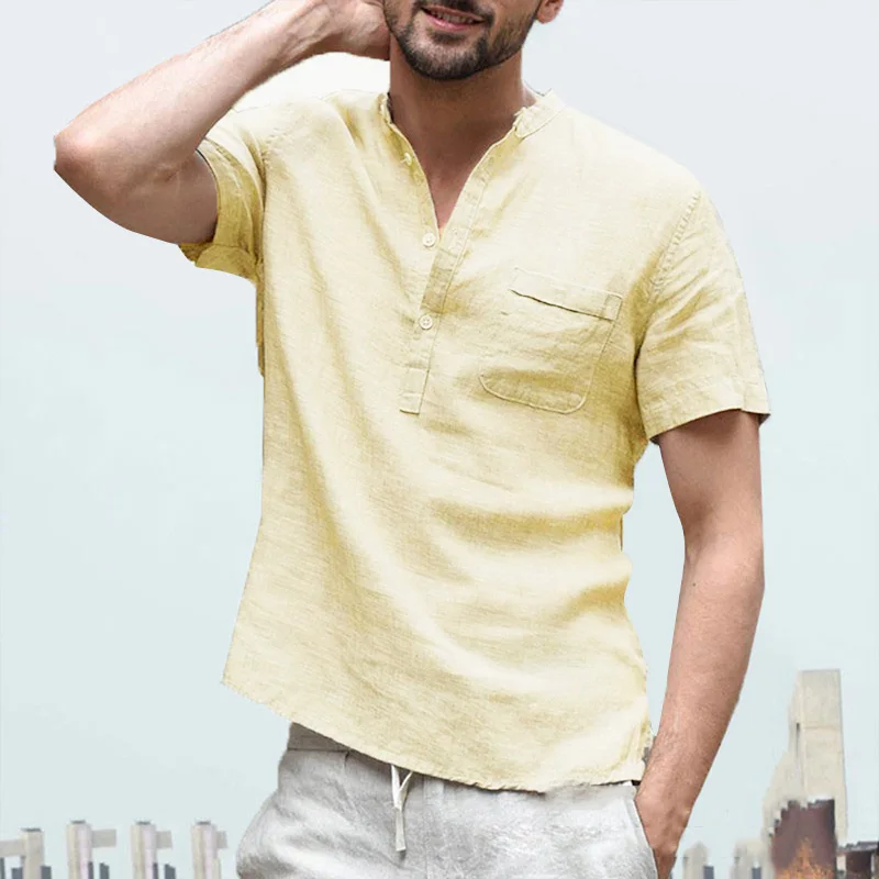 Топы Повседневная рубашка с короткими Рукавами Летняя льняная свободная Мужская