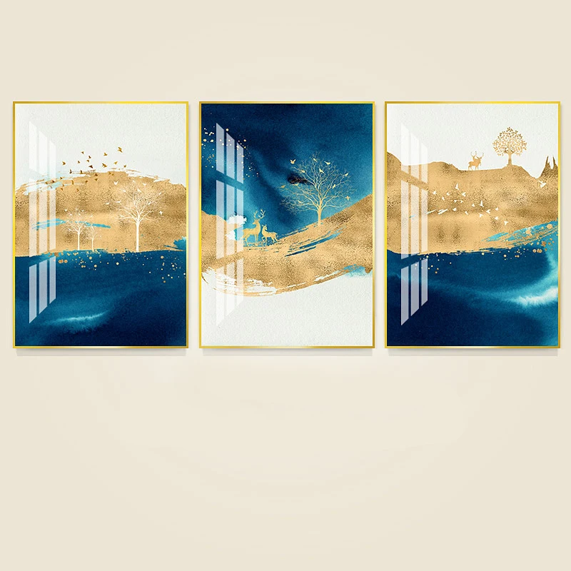 Golden Mountain Scenery Crystal Porcelain Painting Golden Deer Diamond Inlay Painting Living room Bedroom Home Art Wall Decorati