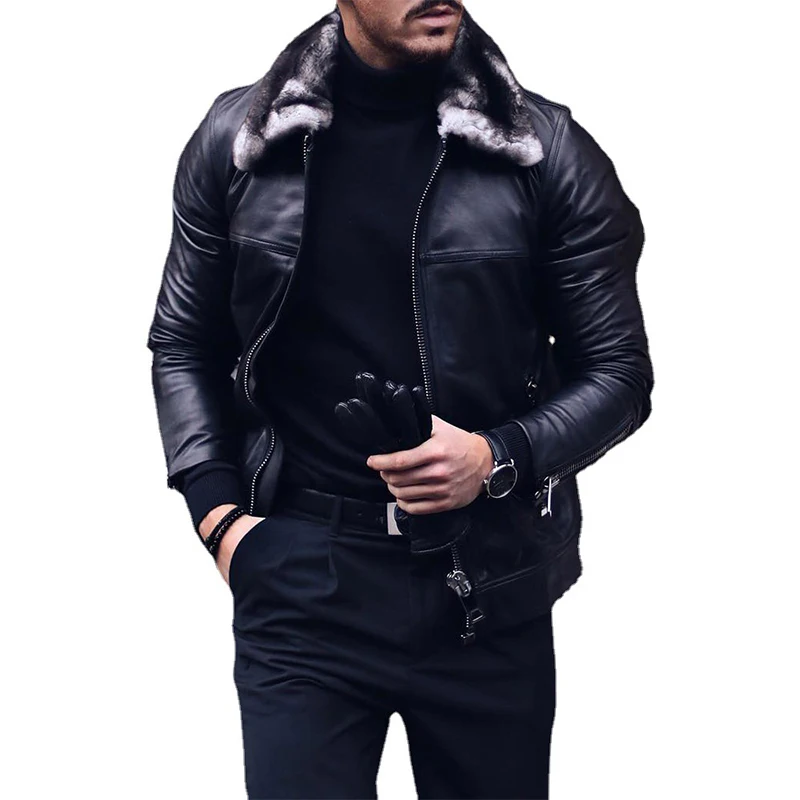 

2021 Autumn Winter Clothing Cool Men Leather Jacket Faux Fur Collar Zip Up Man Outwear Man Motorcycle Windbreaker Black PU Coat