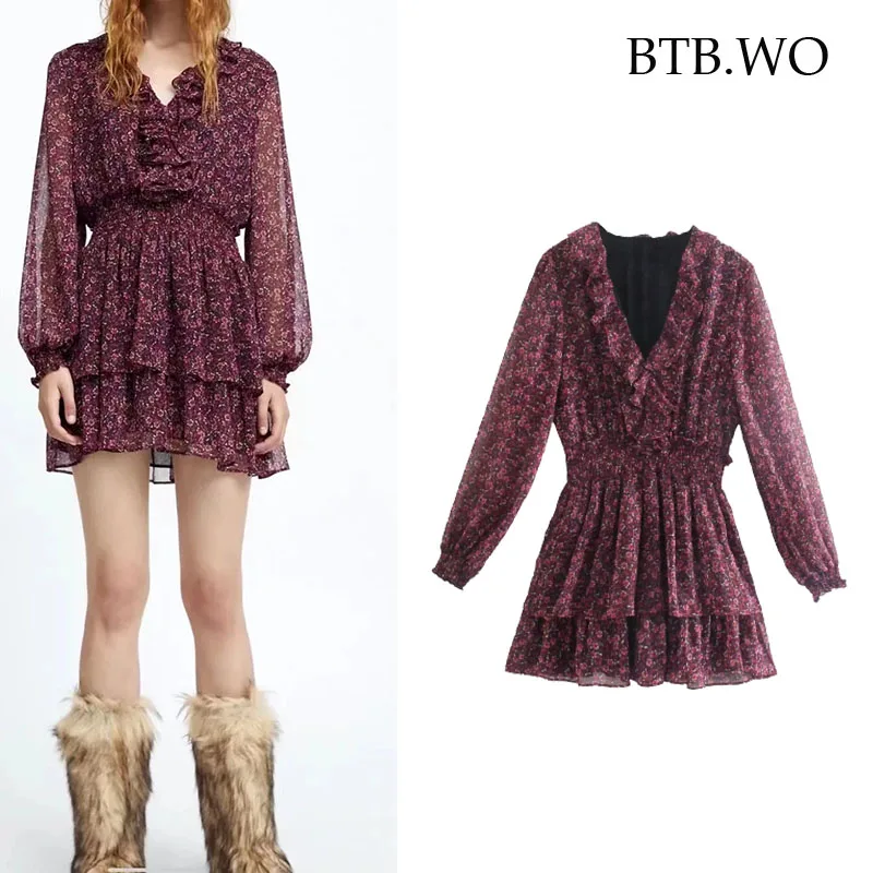 

BTB.WO Za Floral Short Dress Women Vintage Mini Dress Woman Long Sleeve Casual Dresses Autumn Female Party Dresses Vestidos