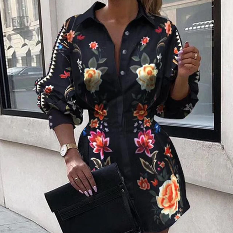 Женское винтажное офисное платье-рубашка с цветочным принтом Элегантная блузка
