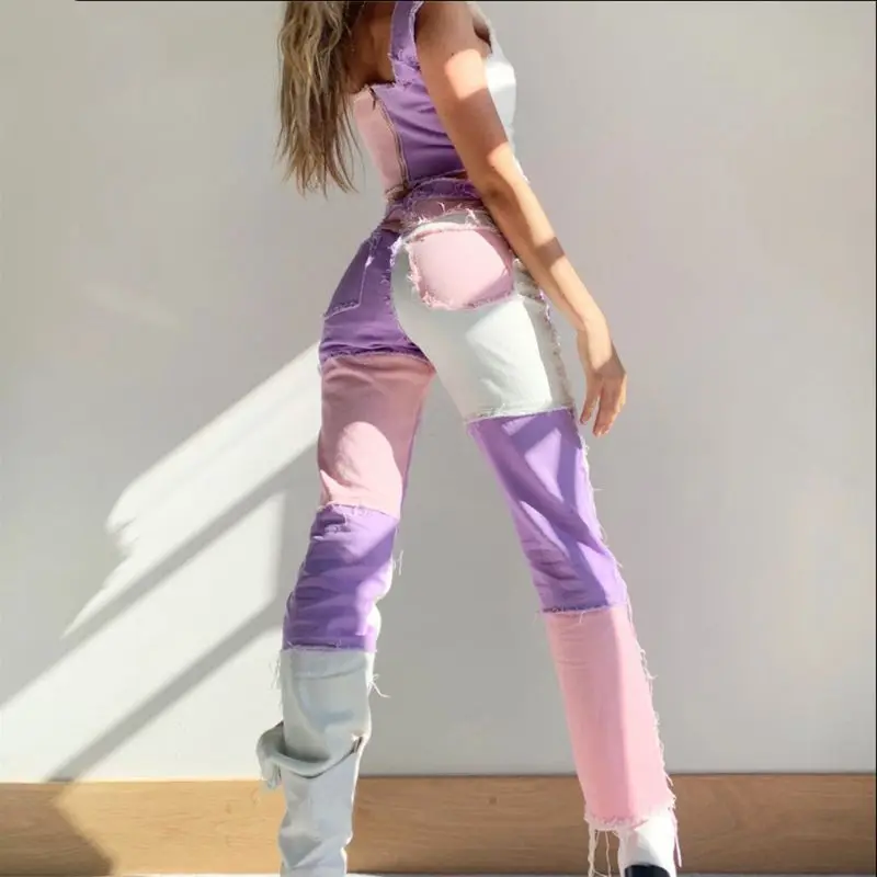 

Women Summer High Waist Denim Straight Pants Harajuku Hip Hop Color Block Patchwork Trousers Distressed Streetwear