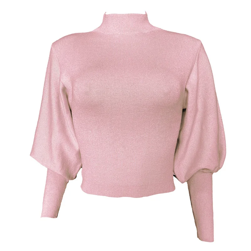 

Elegant Women Autumn Winter Sweaters High Collar Long Lantern Sleeve Solid Color Casual Loose Pullovers Knitted Top 2021 New