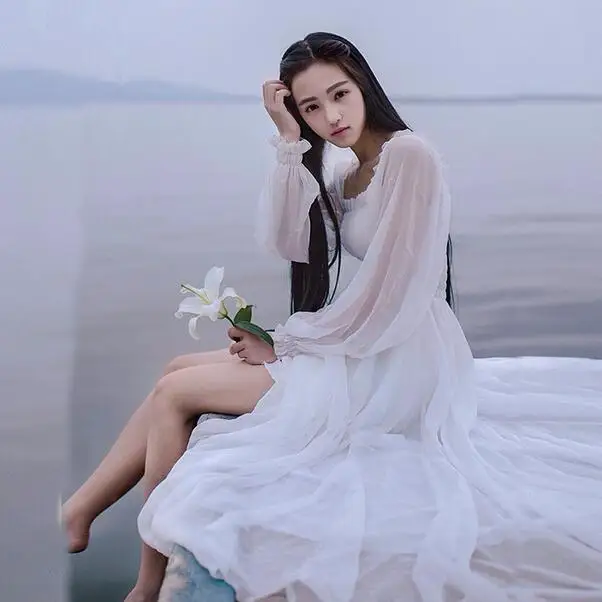 Сказочное шифоновое платье для девочек женское белое с длинными рукавами