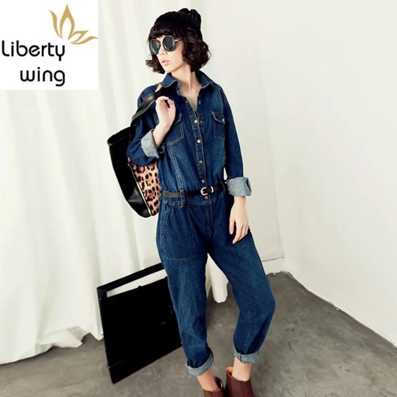 British Safari Style Spring Autumn Long Sleeve Womens Denim Jumpsuits Vintage Loose Full Length Pants Female Cargo Overalls