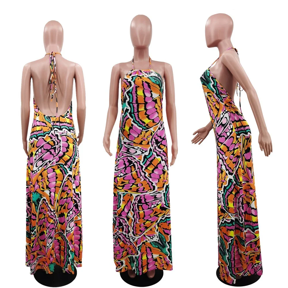 

Sexy Sling Long Dress Plus Size Women's Sleeveless Collocation Fashion Color Printing Open Back Loose Casual Long Skirt 2021