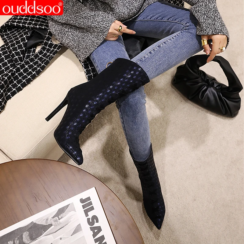 ODS Women Ankle Boots Pointed Toe Black Blue Red High Thin Heel Shoes Autumn Winter Fashion Print Side Zipper Large Size 44
