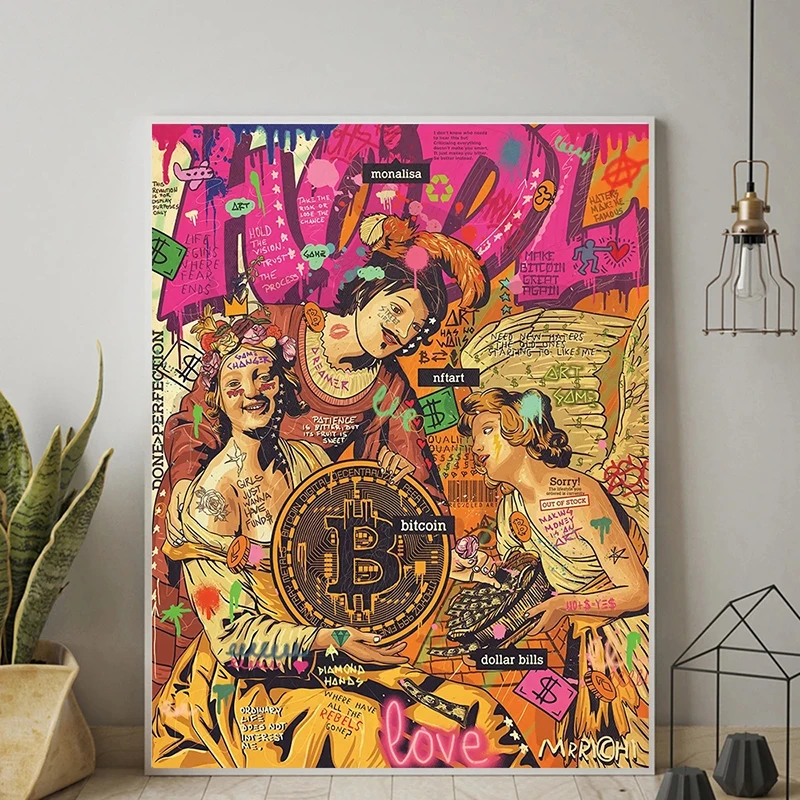 

Граффити, поп-арт, Биткоин и ангел, Картина на холсте, искусство на стену, картины для гостиной, Настенный декор