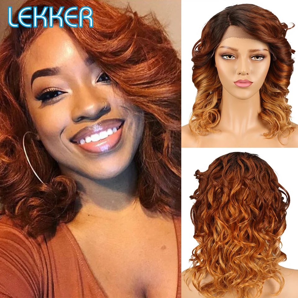 

Lekker Bouncy Curly Lace Front Part Human Hair Wigs With Dark Roots For Black Women Ombre Gold Loose Wave Shoulder Length Wigs
