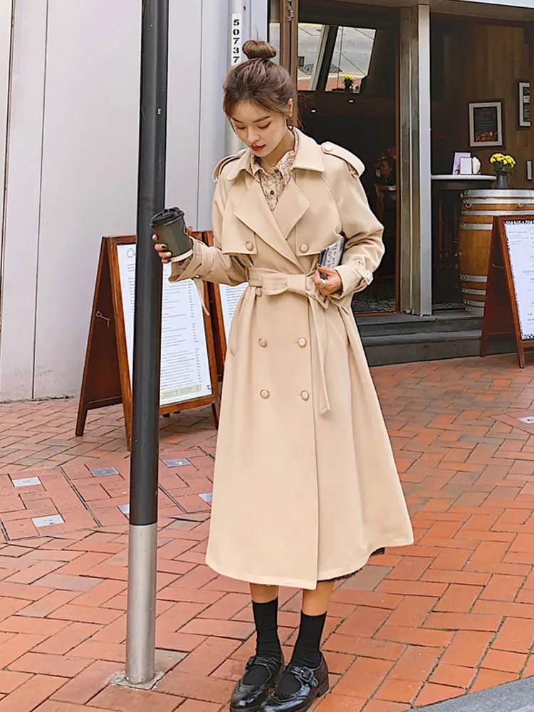 

Fashion Ladies Jacket Autumn Loose Leisure Double-breasted Belted Temperament Slimming Medium Length Windbreaker