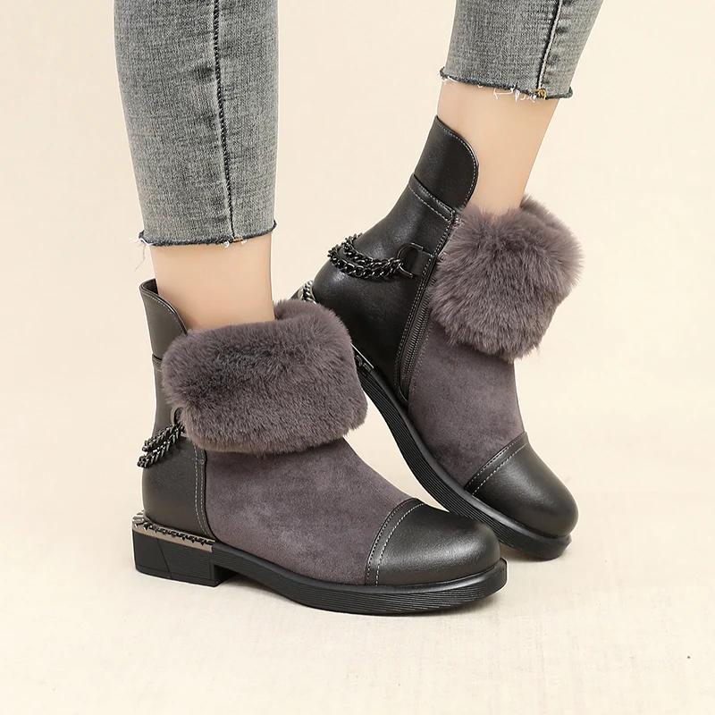 KULADA/Новые ботинки женские Теплые ботильоны на молнии с толстым мехом зимние