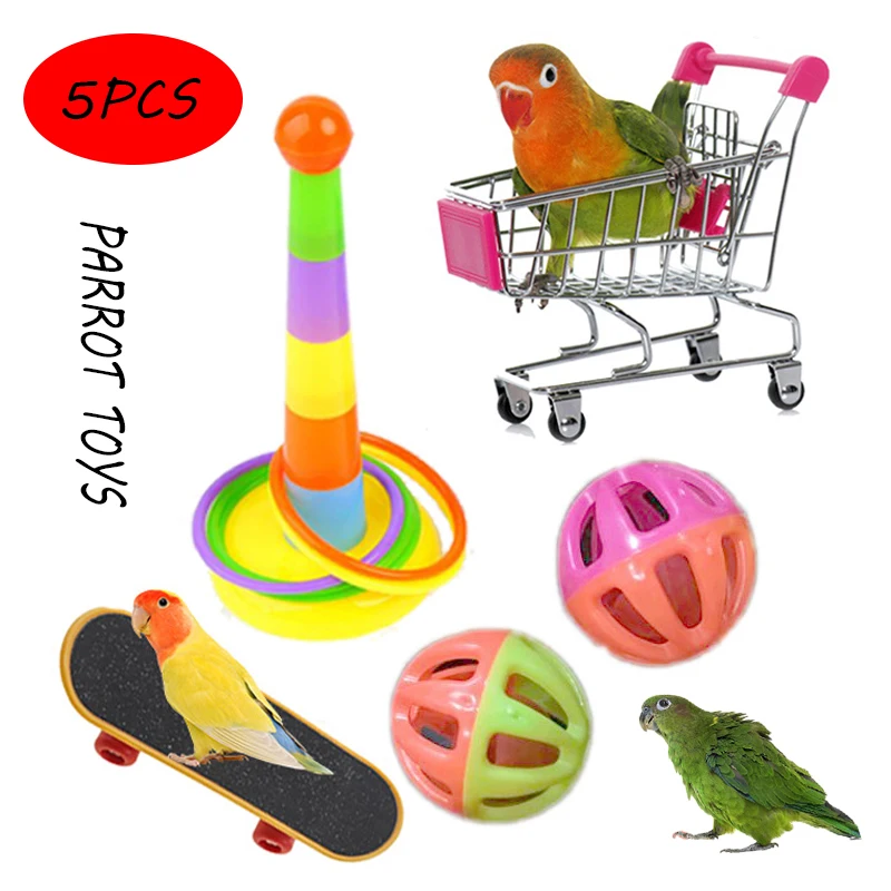 

5Pcs/Set Parrot Training Toys Mini Shopping Cart Training Rings Skateboard Stand Perch Chewing Toy Cockatiel Pet Bird Supply