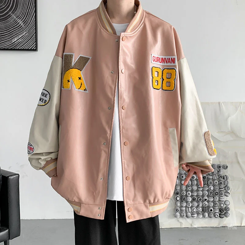 

Мужская кожаная куртка с вышивкой, Повседневная бейсбольная куртка цвета хаки в Корейском стиле, осень 2021