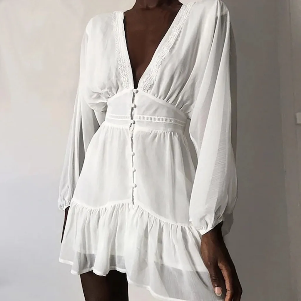 

Dress women summer slim beach dressWomen's Summer Sexy Deep V High Waist Solid Color Chiffon Long Sleeve Dress 2021