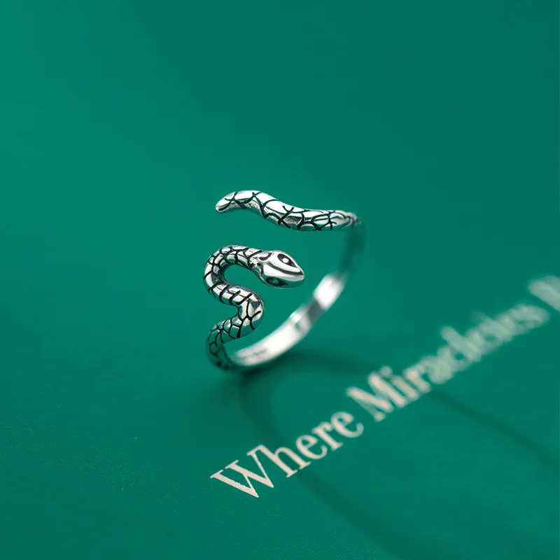 

Real 925 Sterling Silver Vintage Snake Shape Open Rings Thai Silver Punk Style Jewelry for Women