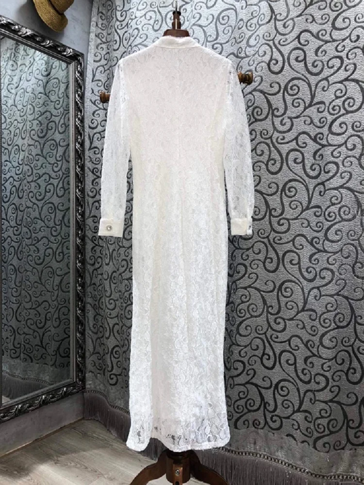 

White Long Dress 2021 Spring Fashion Style Women V-Neck Allover Exquisite Embroidery Beading Buttons Long Sleeve Lace Dress