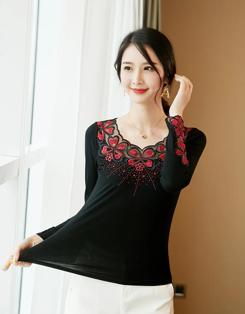 Blusas mujer de moda, Осенние сетчатые топы с длинными рукавами и вышивкой, модная Повседневная Блузка с бриллиантами, рубашка, большие размеры