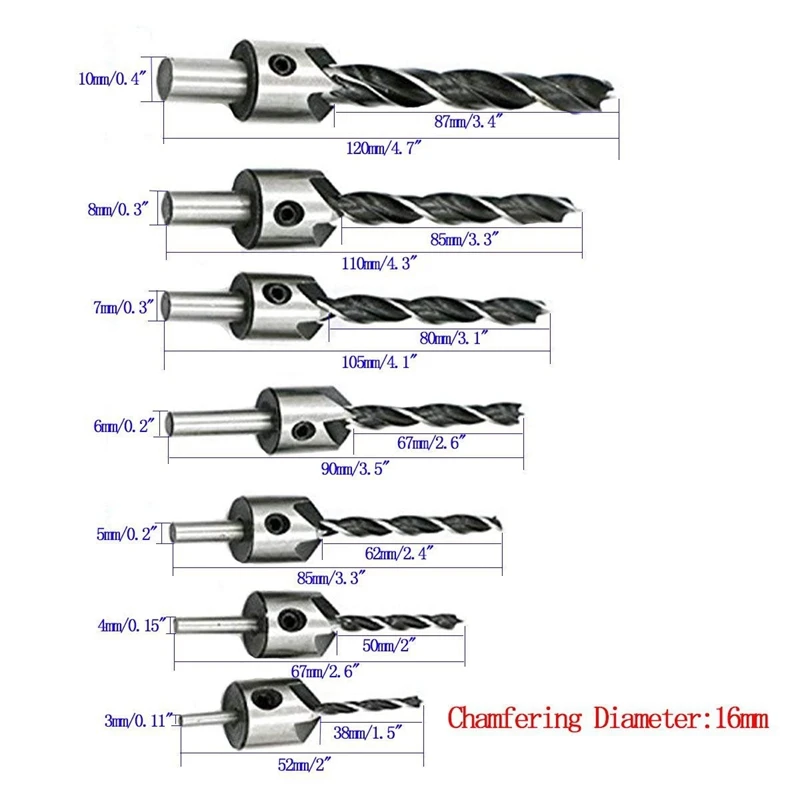 Woodworking Drilling Or Chamfer Tool 8Pc wood Plug Cutter 6Pcs 1/4 Inch Hex Shank 5 Flute 90 Degree Countersink Drill Bits 7Pcs | Дом и сад