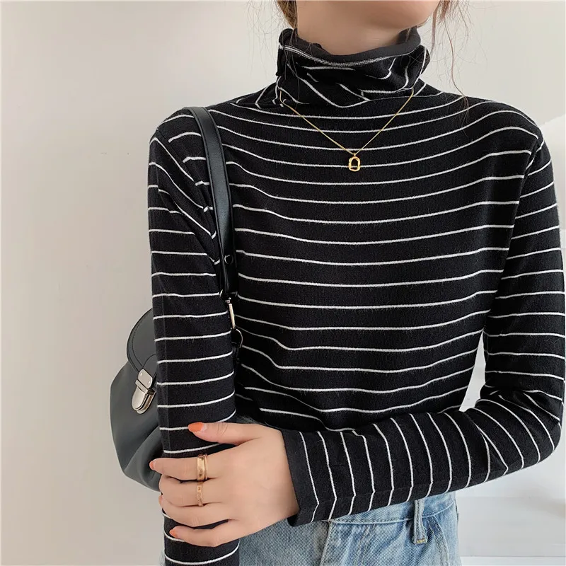 

Autumn Winter New Turtleneck Long Sleeve Slim T Shirt Women Korean Style Striped Tops Female Casual All-match Basic Tees