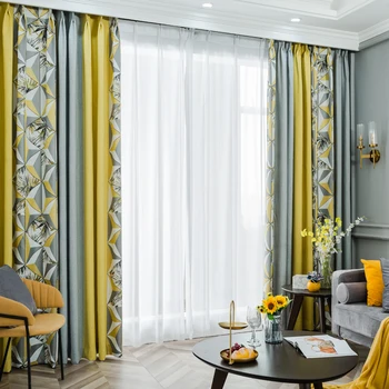 Custom curtains Nordic Simple livingroom gray yellow shading Color matching bedroom blackout curtain tulle valance drape M863