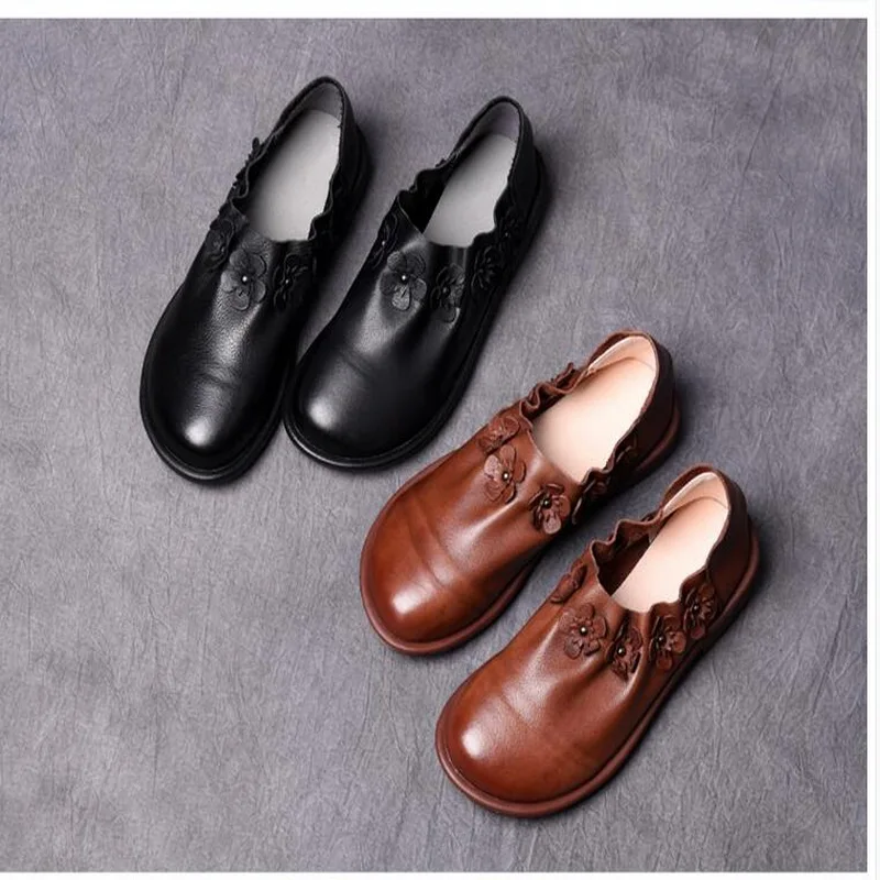 2020 New Women Flat Shoes Round Toe Slip-On Handmade Shoes Woman Genuine Leather Singles Shoes Women Loafers