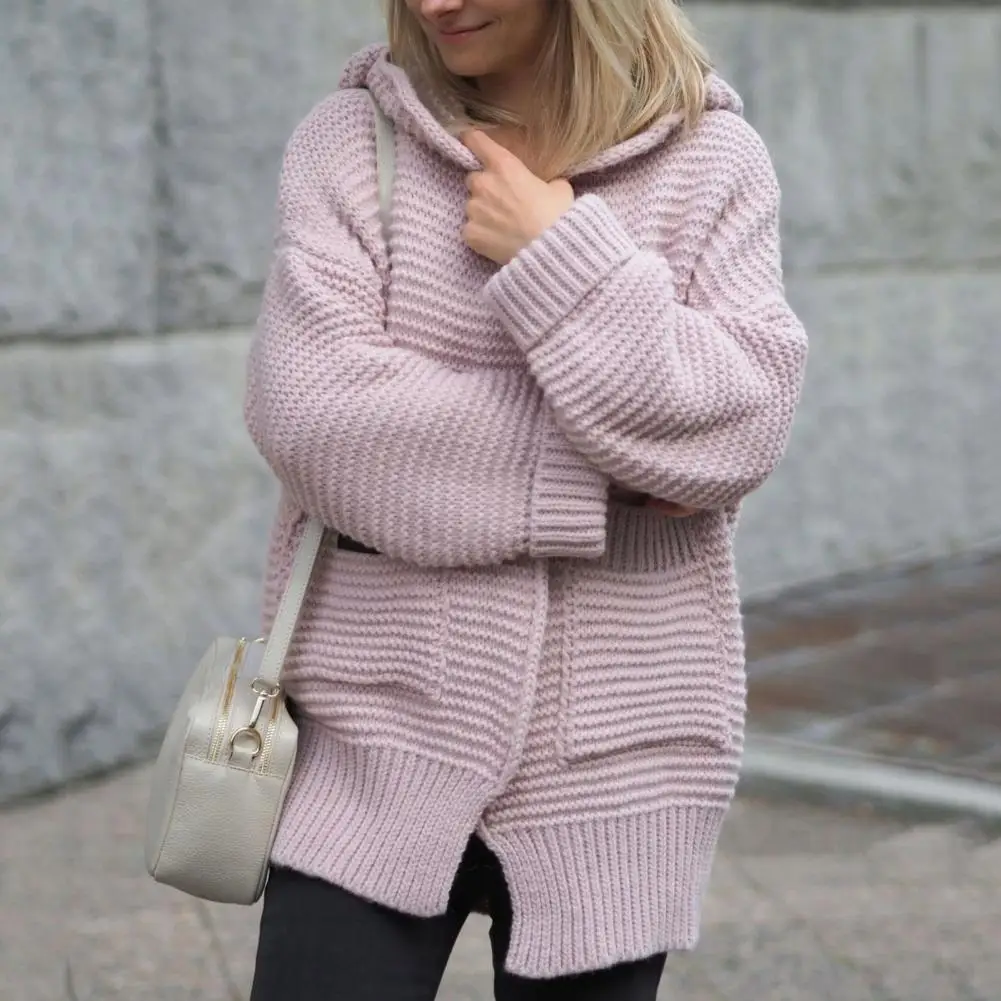 

Women Cardigan Ribbed Hooded Double Pockets Loose Leisure Solid Color Cold Weather Jumpers Ladies Sweater Autumn Winter