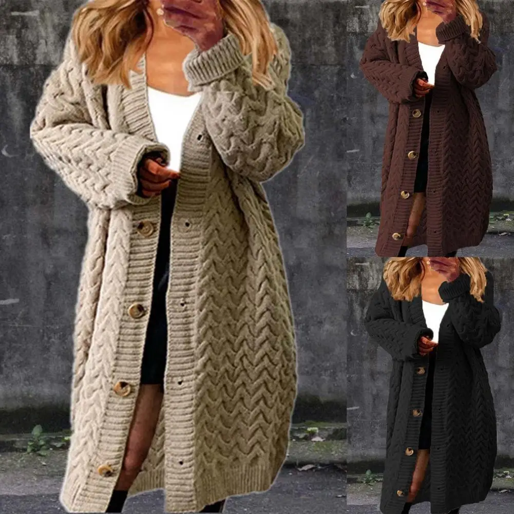 

Женский кардиган с длинным рукавом, длинный Однотонный свитер на пуговицах, утепленное свободное вязаное пальто с переплетением, верхняя о...