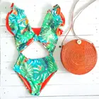 Новинка 2020, Цельный купальник с оборками, однотонный купальник, женский купальный костюм с глубоким V-образным вырезом, ажурные боди, пляжная одежда, монокини