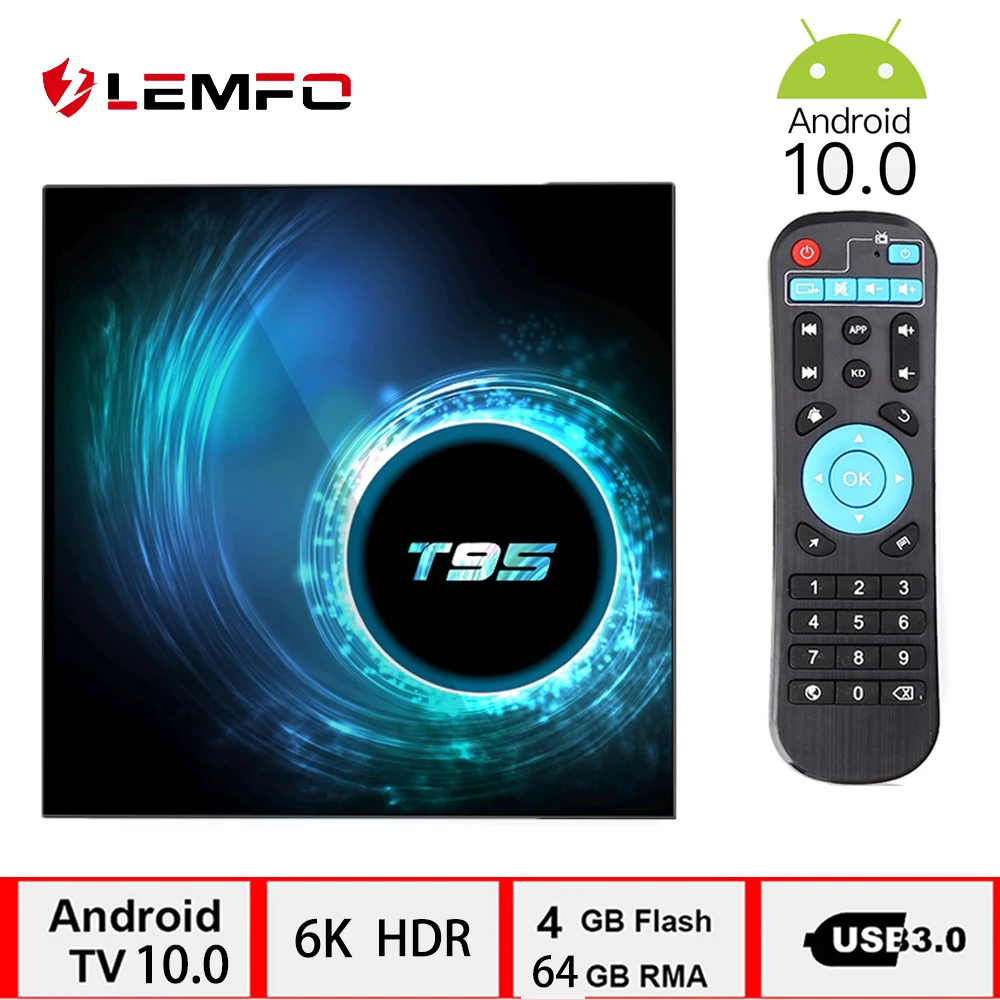 ТВ приставка LEMFO Smart Android 10.0 Поддержка 6K 3D YouTube Google Play 10 телеприставка T95
