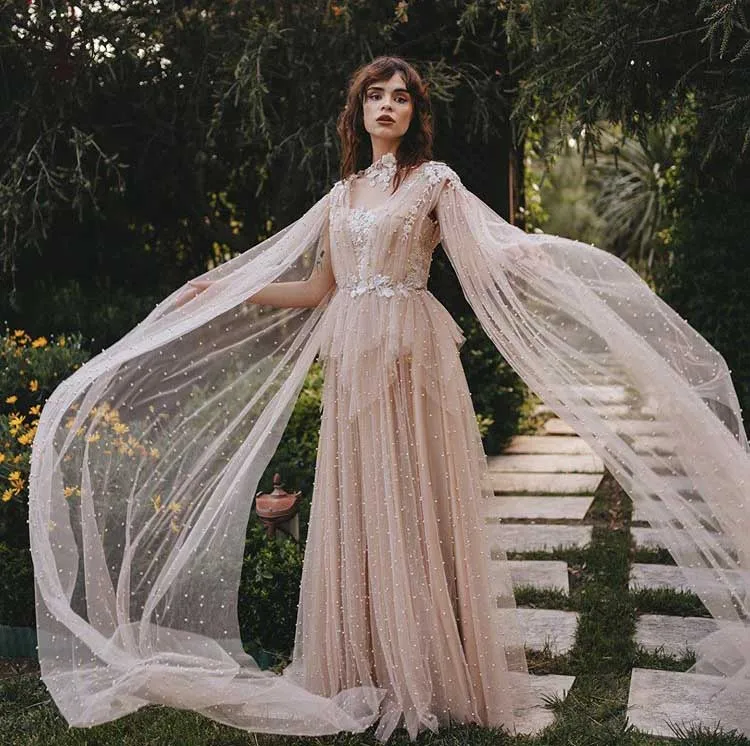 Beste Elegant Vestidos De Fiesta O Hals Geappliceerd Kralen Parels Tulle Lange Mouwen Een Lijn Champagne Avondjurken