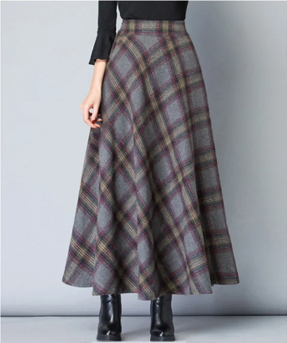 

2020 autumn and winter skirts womens woolen high waist plaid skirt wild winter skirt check long skirt