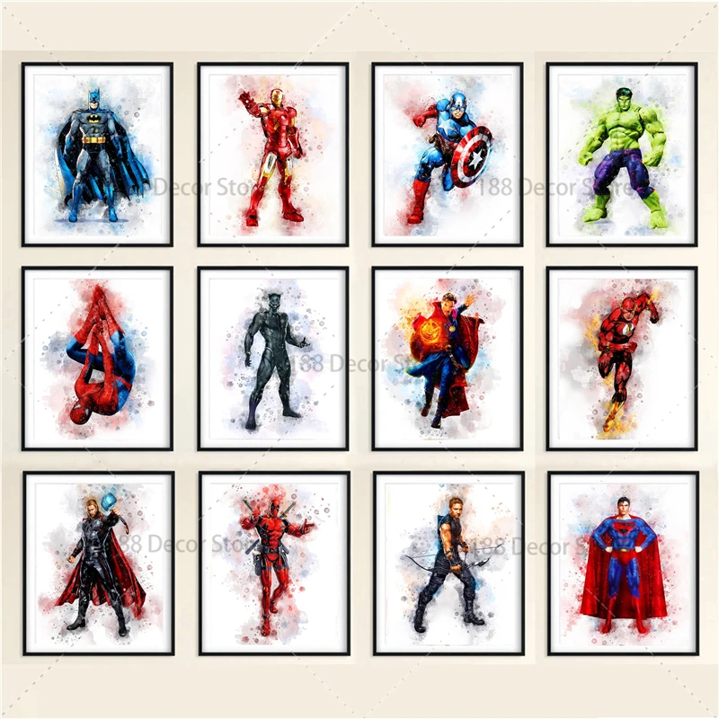

Marvel Avengers Super Hero Printed Watercolor Paintings on Canvas Spiderman Poster Wall Art Picture for Kids Room Decor Cuadros