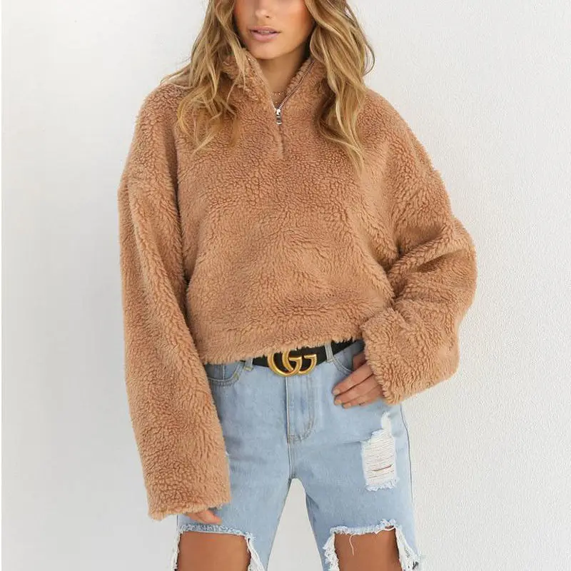 Autumn Winter Women Sweaters Warm Fur Wool Knitted Turtleneck Top Fluffy Crop Pullovers Jumper Zip Up Loose Knitwear Female