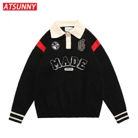 atsunny american streetwear retro sweater fashion harajuku polo clothes colorblock campus quilted men autumn and winter clothes