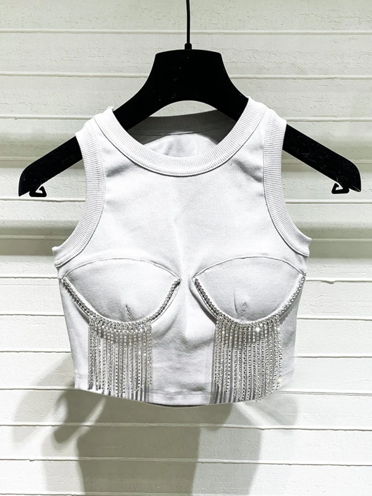 

Heavy craftsmanship, three-dimensional chest pad, diamond-studded tassel, short knit vest, ladies summer new style, all-match