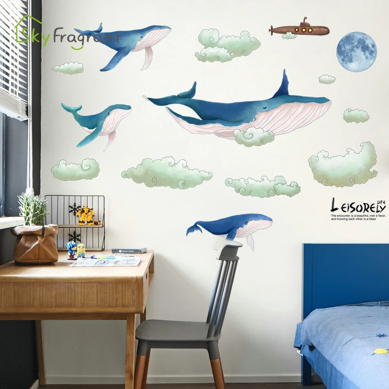 

Nordic hand painted whale wall sticker self-adhesive stickers living room background wall decor kids room bedroom home decor
