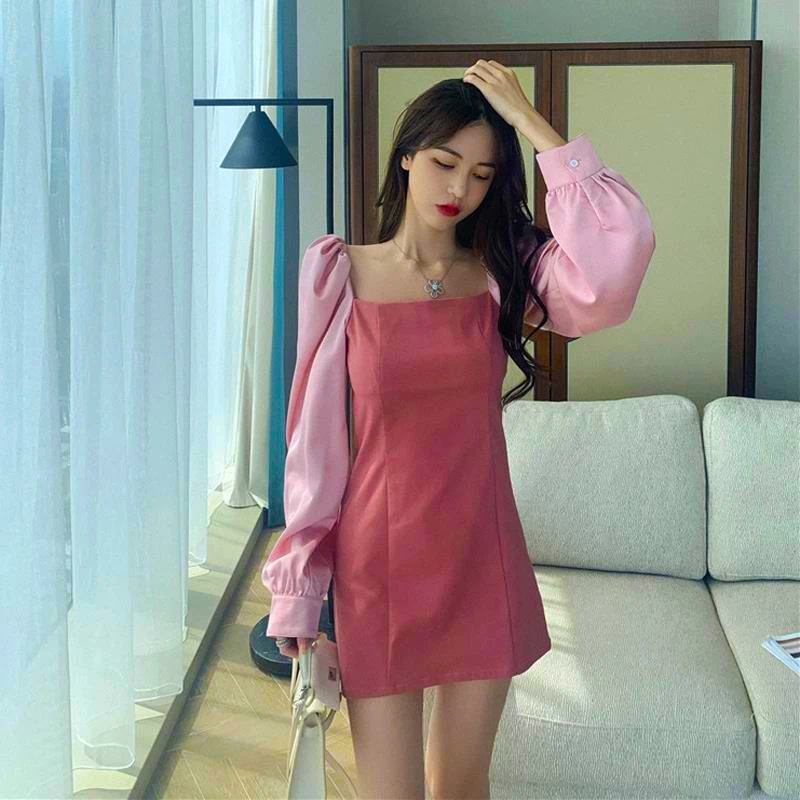 Корейское цельнокроеное платье для женщин французский розовый квадратный