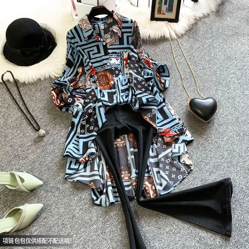 

Женская шифоновая рубашка с цветочным принтом, свободная блузка в европейском стиле с коротким спереди и длинным ласточкиным хвостом, лето ...