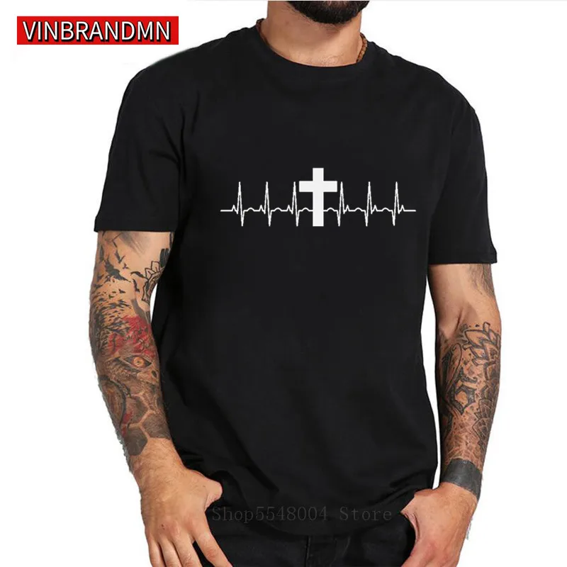 

Jesus Cross Heartbeat T-Shirt Men Christian Faith T Shirt Casual Streetwear Bible Lines Cotton Funny Tshirt Religion Stylish Tee