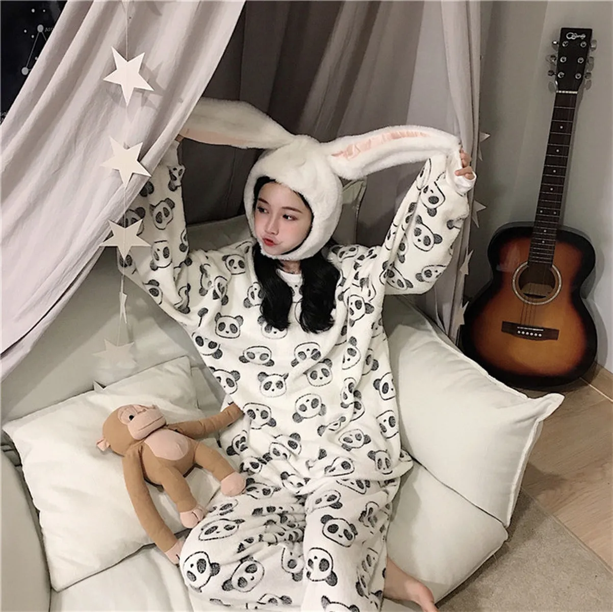 

2021 Cute Panda Fleece Pajama Set Women Autumn Winter Long-sleeved Velvet Pajamas with Pants Flannel for Home Two-piece Suit