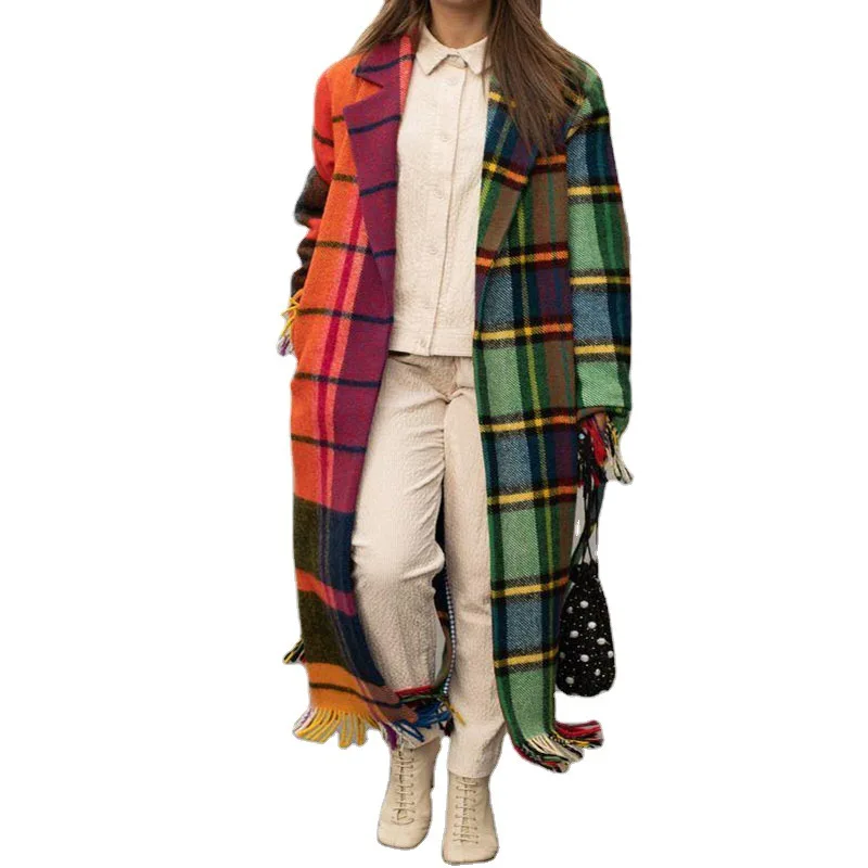 

WEPBEL Spring and Autumn Fashion Tassel Plaid Loose Coat Women's Casual Long-Sleeved Cardigan Turn-down Collar Long Coat