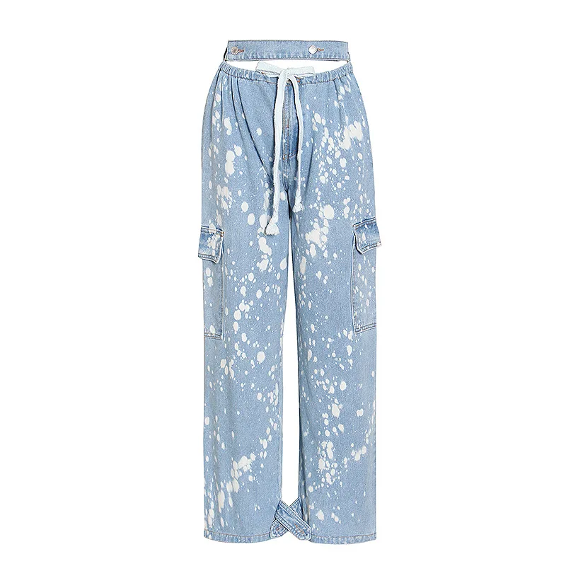 

2020 New Fashion Street Style High Waisted Elastic Waist Drawstring Cargo Pants Tie-dye Straight Jeans Women ICSI