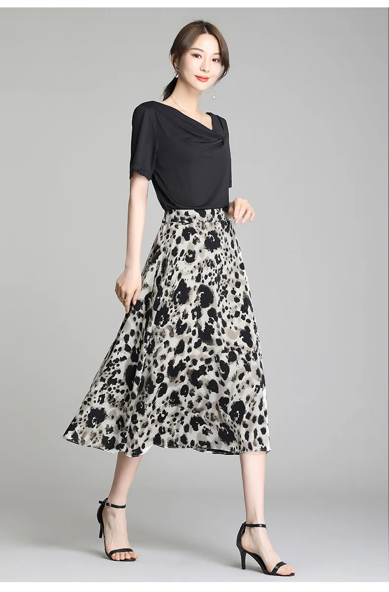 

2021 Summer Fashion Print A-line Big Swing Leopard Skirt Women Vintage Elegant Korean Chic High Waisted Loose Casual Long Skirts